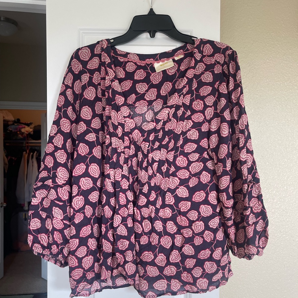 Anthropologie Maeve blue and pink Ruffled Cuffed Sleeve Blouse